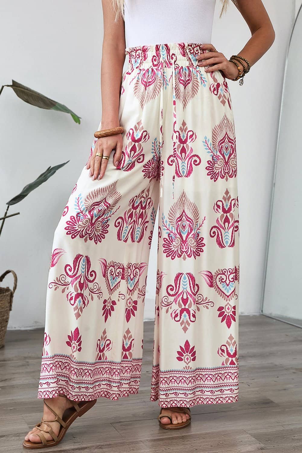 Rose Boho Printed Shirred High Waist Flowy Wide Leg Pants