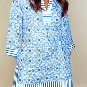 Sky Blue Contrast Striped Trim Floral Shift Fit Fall Dress
