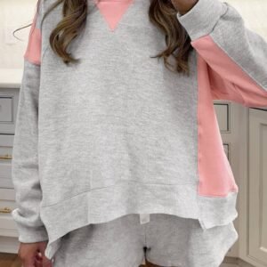 Light Grey Color Block Raw Hem Pullover And Casual Shorts Set