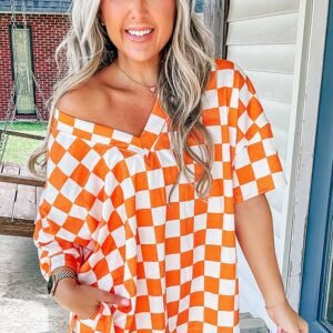 Orange Checkerboard Print V Neck Loose Tee And Shorts Lounge Set