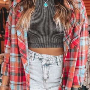 Red Plus Size Plaid Print Buttoned Shirt