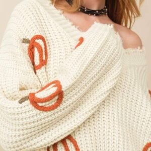 Beige Cable Knit Pumpkin Raw Hem V Neck Loose Sweater