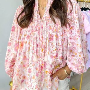 Pink Floral Print Tassel Tie Smocked V Neck Puff Sleeve Tunic Blouse