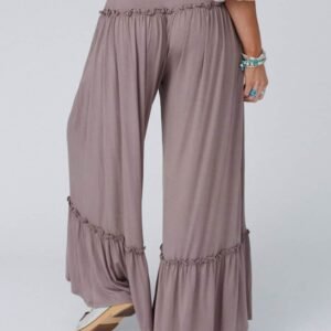 Khaki Frilled Drawstring High Waist Wide Leg Pants