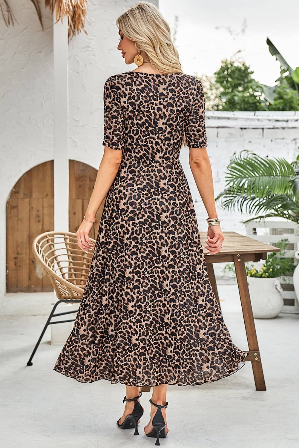 Brown Mesh Leopard Floral Reversible V Neck Short Sleeve Dress
