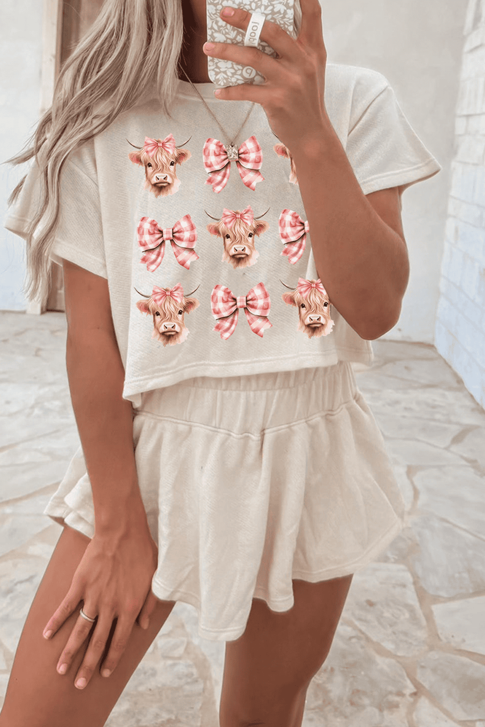 Beige Cow With Bows Cropped Tee And Skort Set