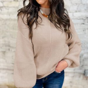 Parchment Mixed Texture Patchwork Knitted Puff Sleeve Sweater