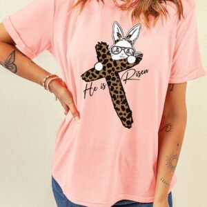 Pink He Is Risen Easter Bunny Leopard Cross Graphic Tee