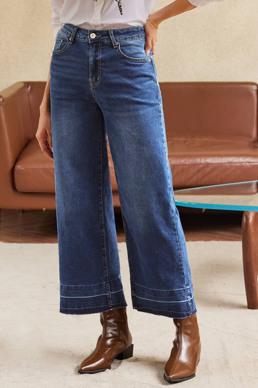 Real Teal Raw Hem Straight Leg Loose High Waist Jeans