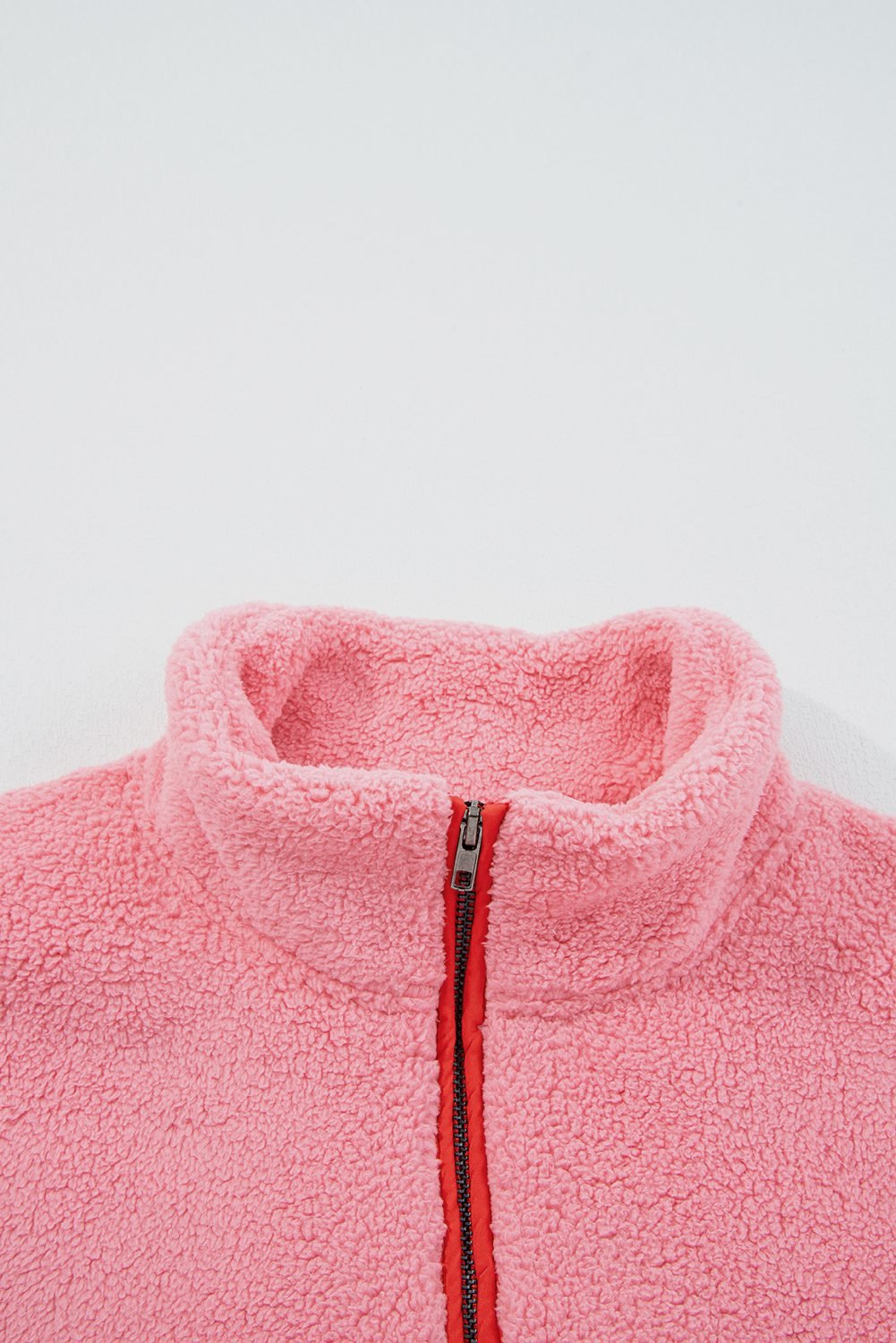 Strawberry Pink Sherpa Contrast Faux Leather Trim Half Zip Pocketed Pullover Sweatshirt