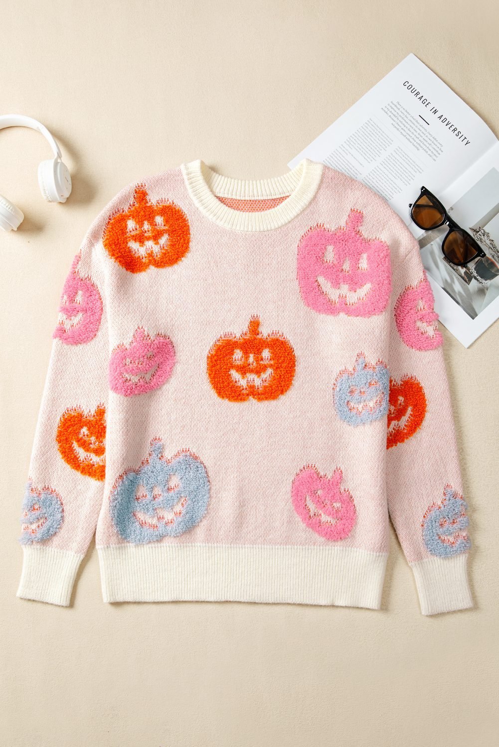 Beige Halloween Cute Pumpkin Pattern Sweater