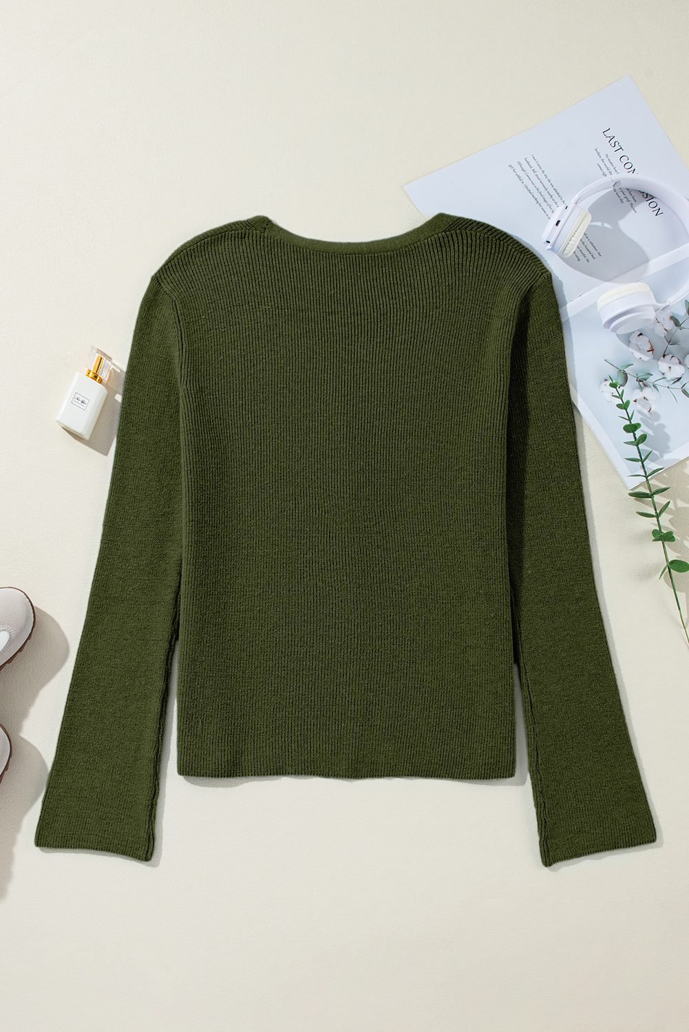Moss Green Lightweight Ribbed Knit Button Front V Neck Cardigan