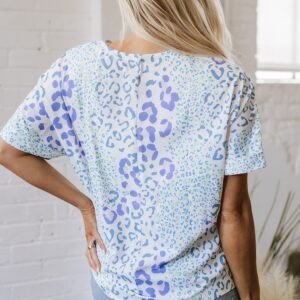 Sky Blue Mixed Leopard Print V Neck Short Sleeve Blouse