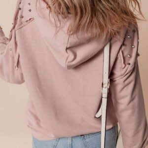 Fushia Solid Color Rivet Stud Raglan Sleeve Hoodie With Pocket