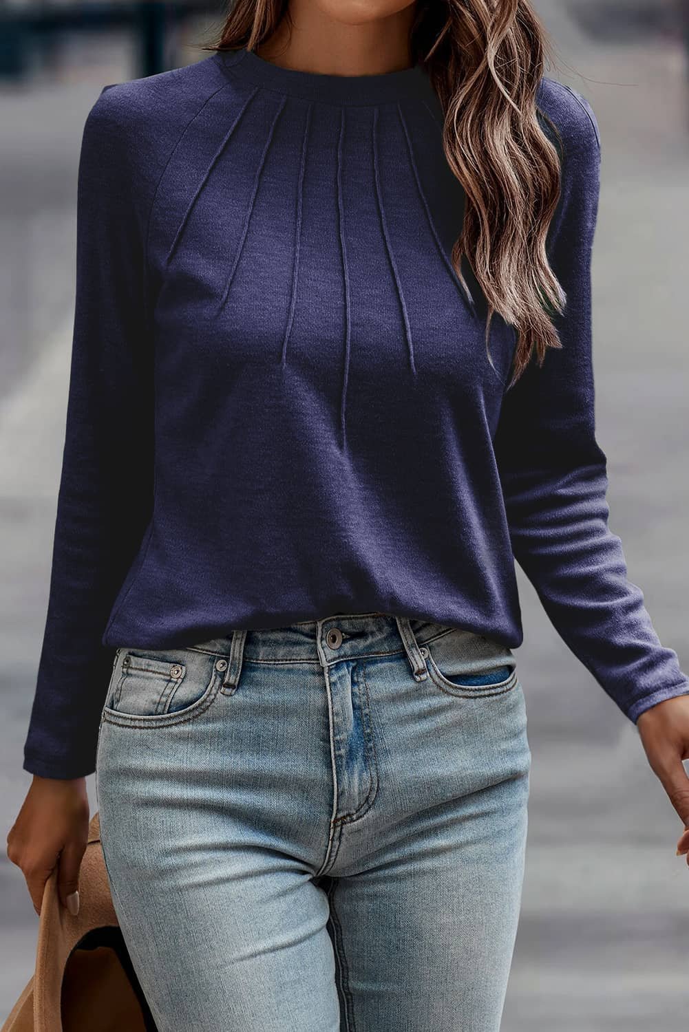 Navy Blue Solid Color Seam Detail Raglan Long Sleeve Top