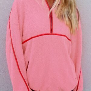Strawberry Pink Sherpa Contrast Faux Leather Trim Half Zip Pocketed Pullover Sweatshirt