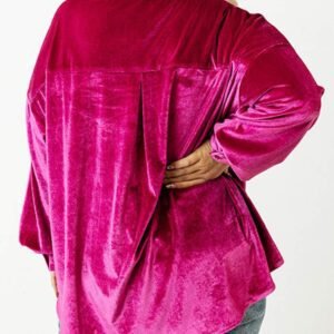 Bright Pink Plus Size Velvet Chest Pocket Drop Shoulder Shirt