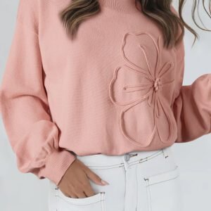 Peach Blossom Big Flower Accent Bubble Sleeve Drop Shoulder Sweater