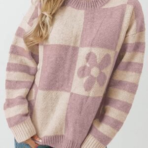 Orchid Petal Checkered Floral Print Striped Sleeve Sweater
