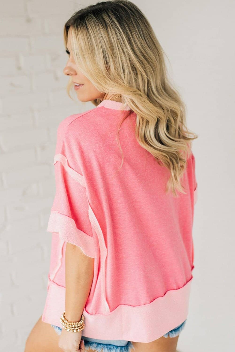 Peach Blossom Independence Day Sequin Star Graphic Contrast Patchwork Tee