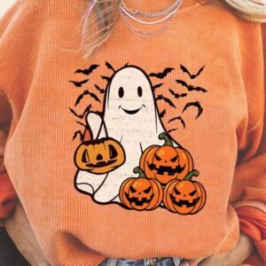 Orange Halloween Ghost Pumpkin Bat Print Corded Pullover Sweatshirt