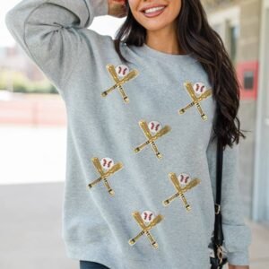 Gray Sequin Baseball Game Day Graphic Casual Sweatshirt