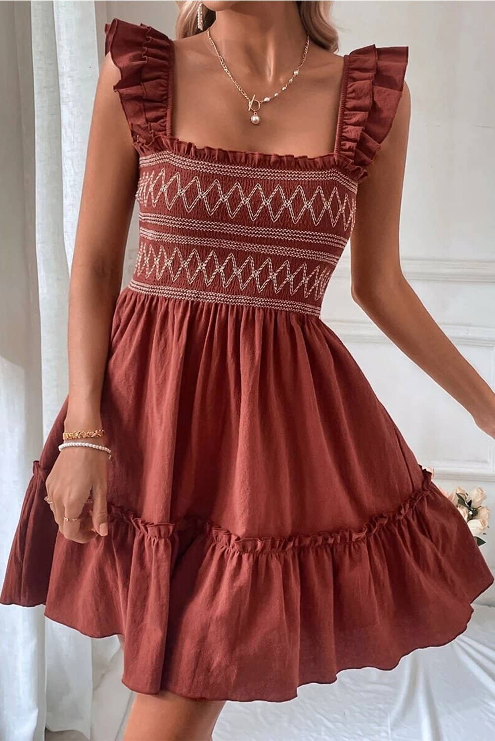 Red Sandalwood Geometric Stitch Shirred Bodice Ruffled Trim Sleeveless Mini Dress