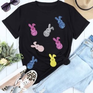 Black Sequin Bunny Doll Graphic Easter Day T Shirt
