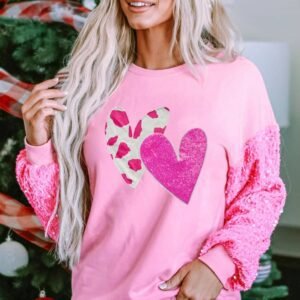 Pink Valentines Heart Graphic Sequin Patchwork Long Sleeve Top