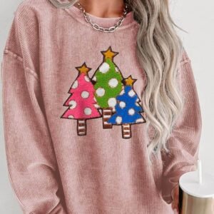 Pink Vintage Wash Sequined Christmas Tree Corded Sweatshirt