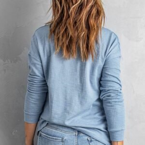 Sky Blue Button Front Turn-Down Neck Knit Top