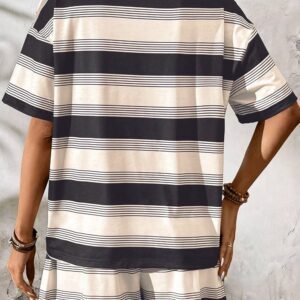 Black Stripe Short Sleeve T Shirt And High Waist Pocketed Shorts Set