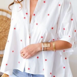 White Little Stars Printed Loose Half Sleeve Loose Shirt