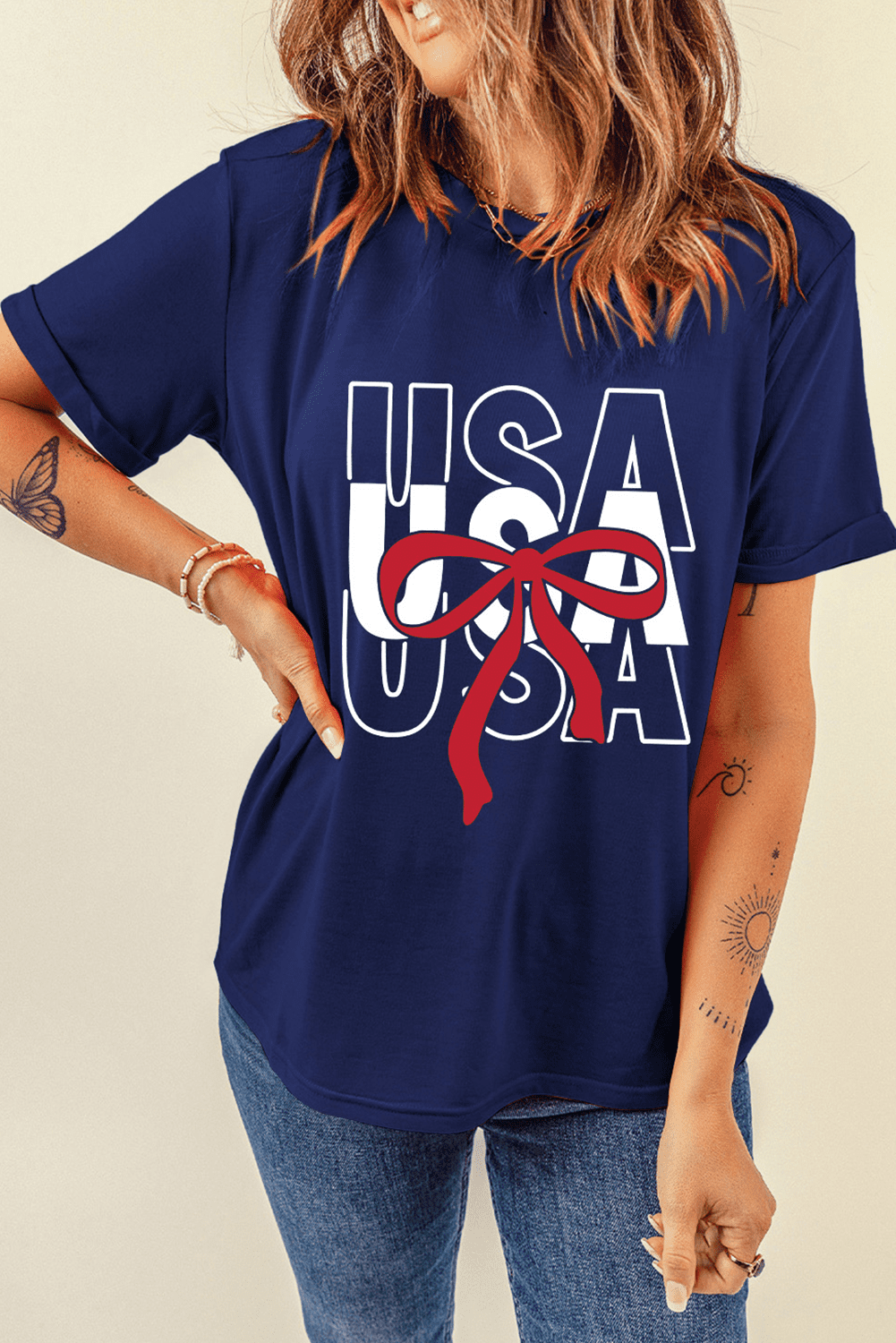 Blue Usa Bow Printed Casual Cotton Blend T Shirt