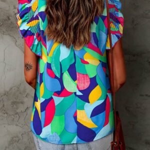 Multicolor Abstract Print Stitching Ruffle Sleeve Blouse