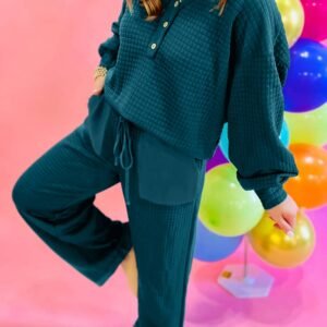 Skobeloff Waffled Textured Raw Edge Patchwork 2Pcs Loose Pant Set