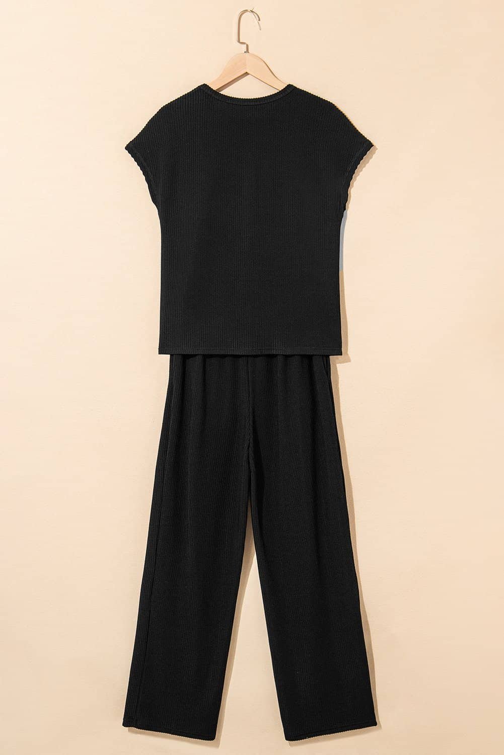 Black Solid Color Corded Short Sleeve Top And Casual Pants Set