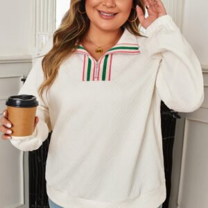 Beige Plus Size Rhombus Texture Contrast Striped Collar Baggy Sweatshirt
