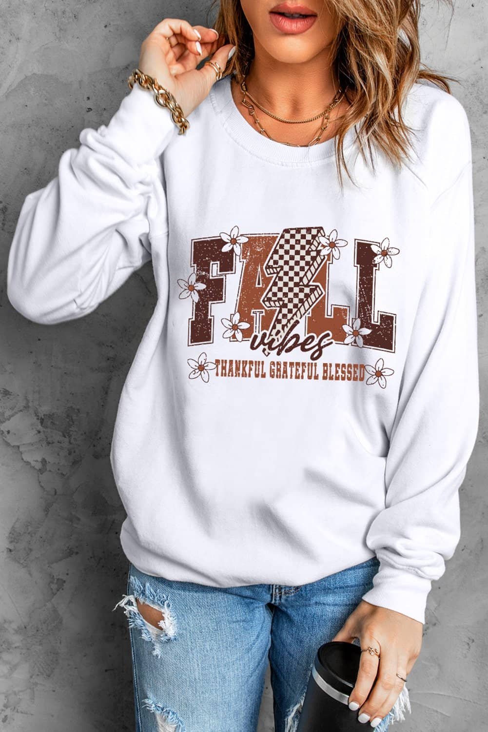 White Fall Thankful Graphic Drop Shoulder Sweatshirt