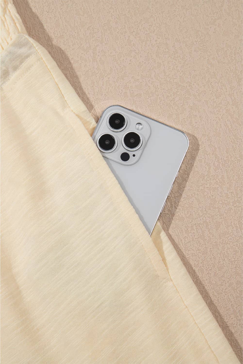 Beige Solid Color Tank Top And Smocked Waist Pants Set