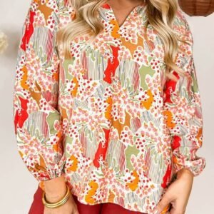 Orange Printed Split V Neck Puff Sleeve Blouse