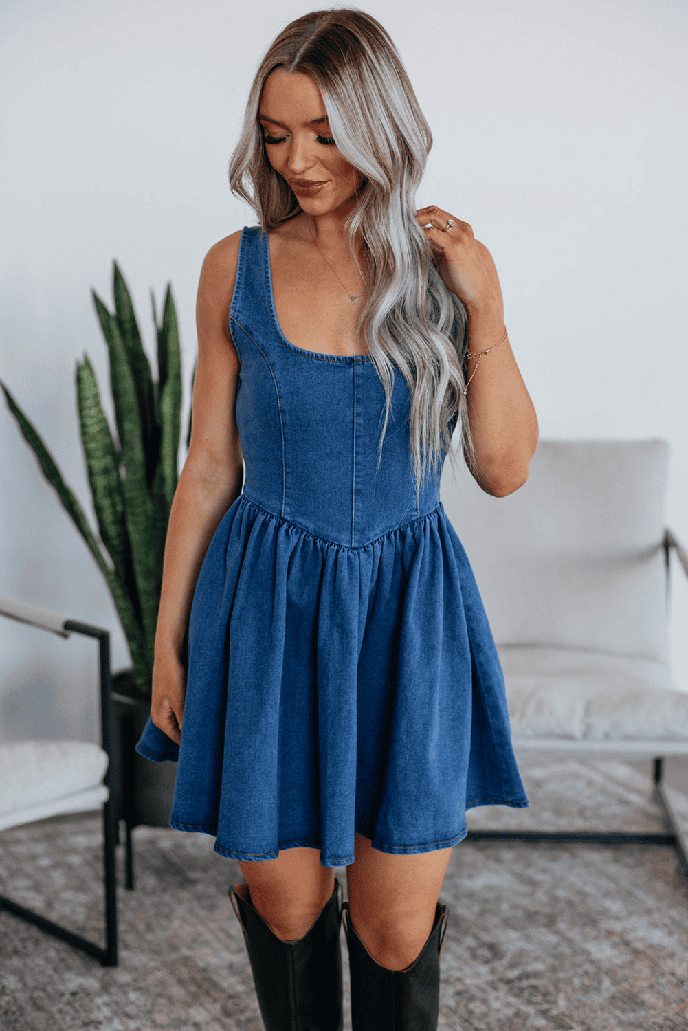 Sail Blue Square Neck Bowknot A-Line Sleeveless Denim Dress