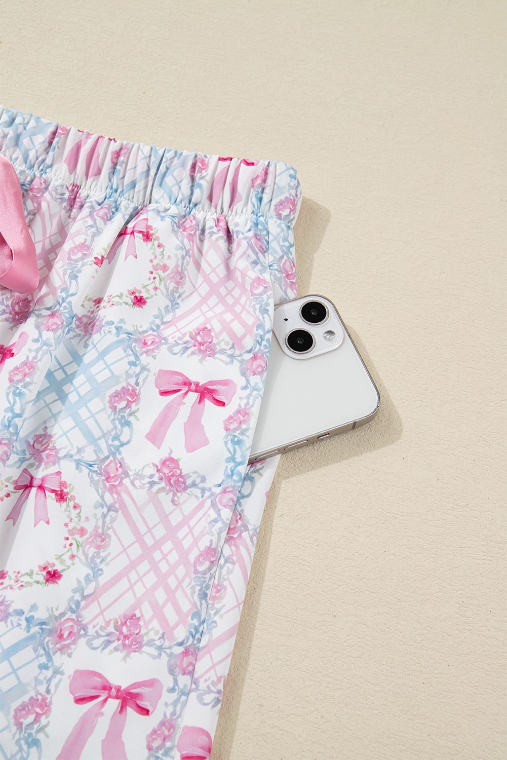 Pink Bow Wreath Pattern Christmas Holiday Tied Front Long Sleeve 2Pcs Pajama Set