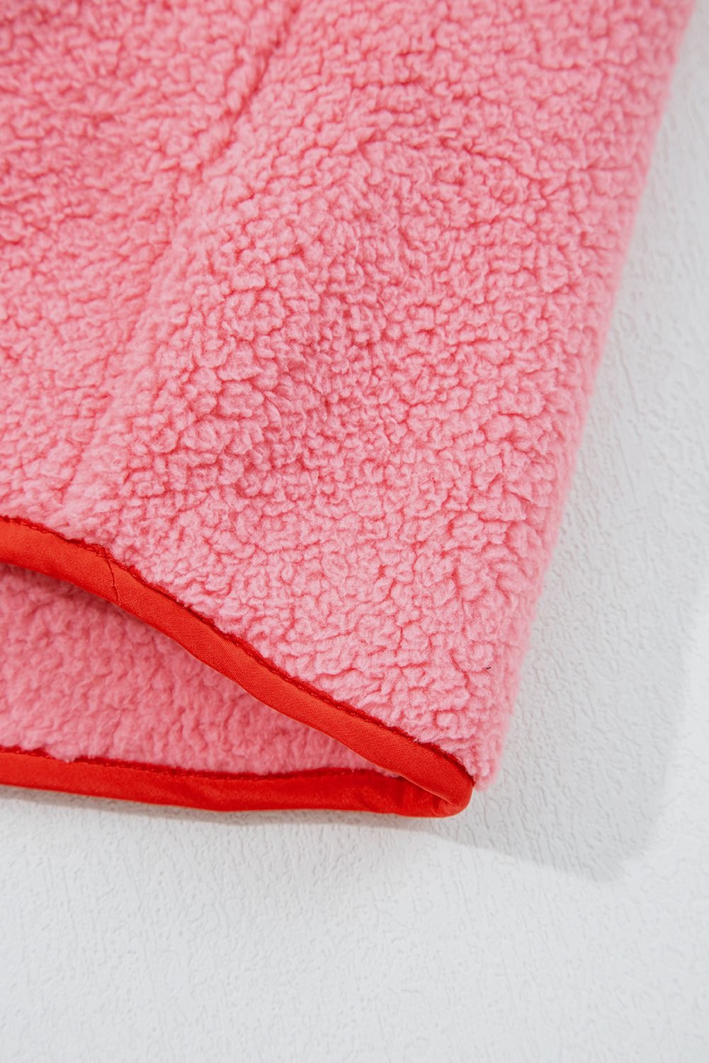 Strawberry Pink Sherpa Contrast Faux Leather Trim Half Zip Pocketed Pullover Sweatshirt