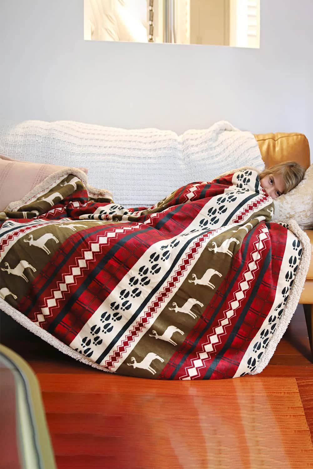 Dark Green Christmas Elk Print Reversible Sherpa Fleece Blanket 130*150Cm