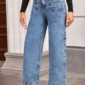 Blue Chic Patch Pocket Straight Leg Loose Jeans