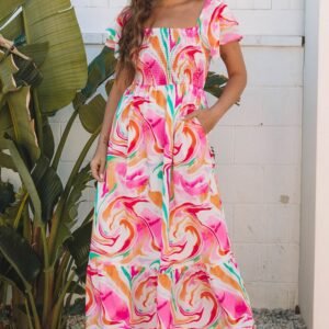 Pink Abstract Print Ruffled Sleeve Smocked Bust Maxi Dress