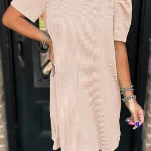 Parchment Corded Knit Crew Neck Puff Sleeve Shift Mini Dress