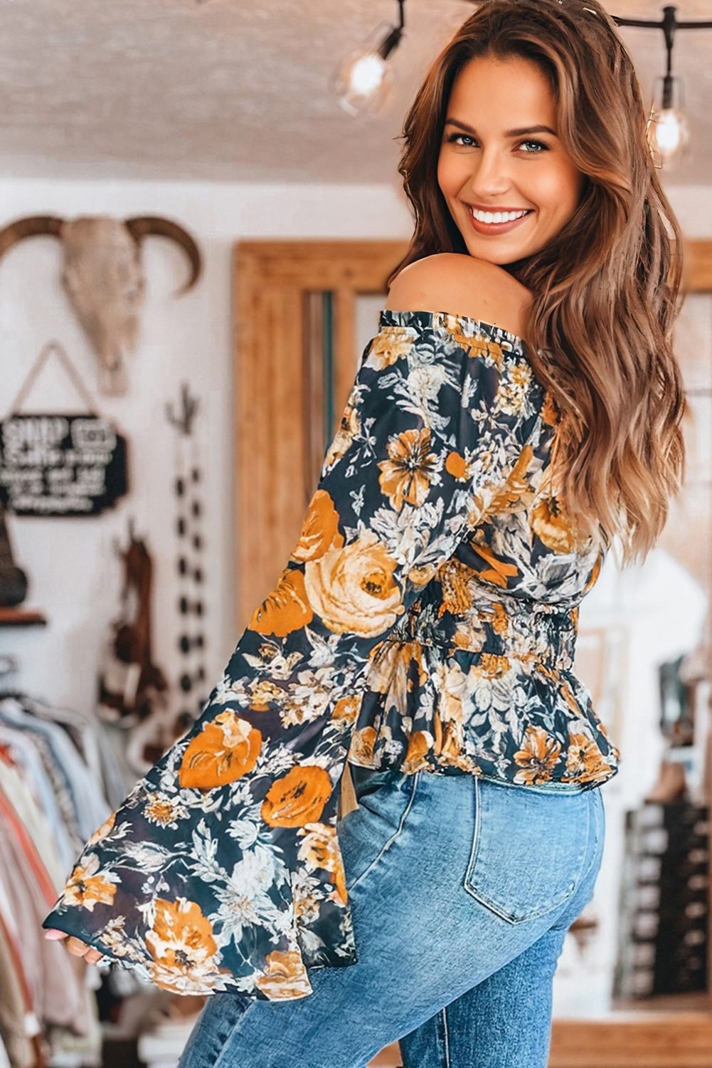 Blue Floral Off Shoulder Bell Sleeve Smocked Peplum Top
