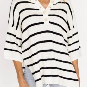White Stripe Henley Buttoned Placket Drop Shoulder Bracelet Sleeve Knit Sweater Tee